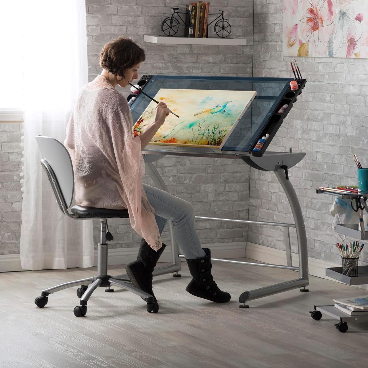 Alt view image 2 of 7 - SD Studio Designs Triflex Drawing Table, Sit to Stand Up Adjustable Office Home Computer Desk, 35.25" W X 23.5" D, Silver/Blue Glass