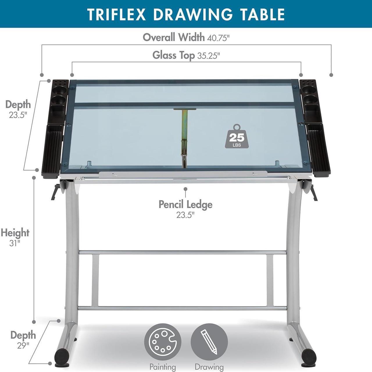 Alt view image 3 of 7 - SD Studio Designs Triflex Drawing Table, Sit to Stand Up Adjustable Office Home Computer Desk, 35.25" W X 23.5" D, Silver/Blue Glass