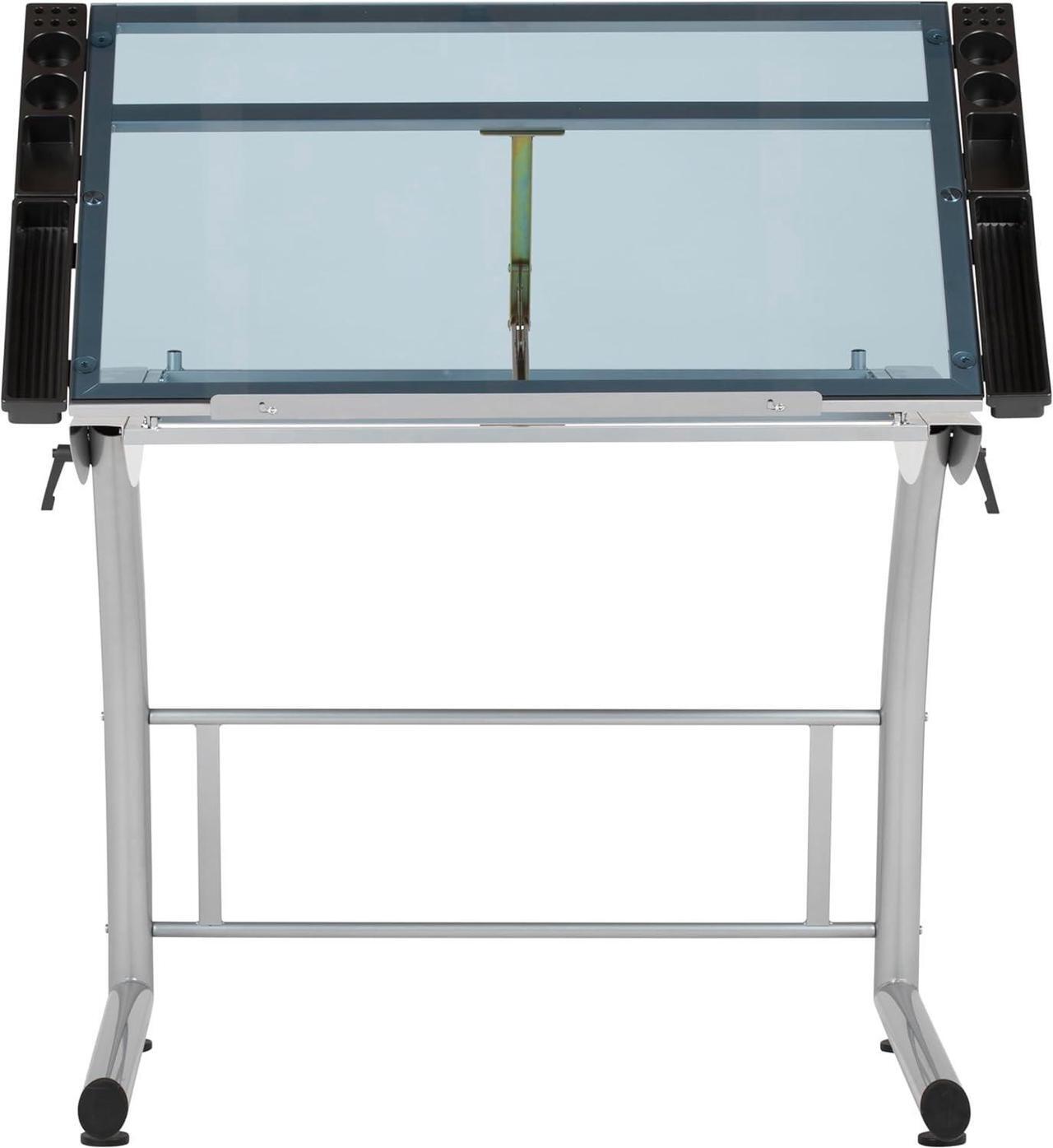 Alt view image 4 of 7 - SD Studio Designs Triflex Drawing Table, Sit to Stand Up Adjustable Office Home Computer Desk, 35.25" W X 23.5" D, Silver/Blue Glass