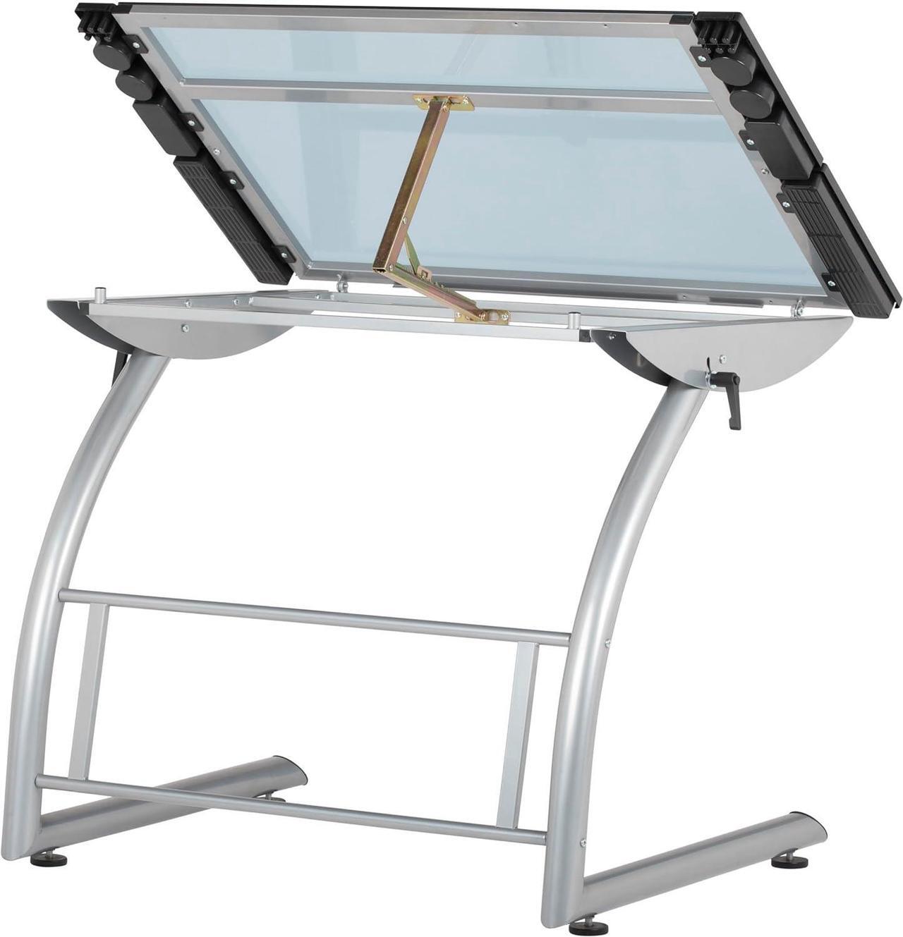 Alt view image 6 of 7 - SD Studio Designs Triflex Drawing Table, Sit to Stand Up Adjustable Office Home Computer Desk, 35.25" W X 23.5" D, Silver/Blue Glass