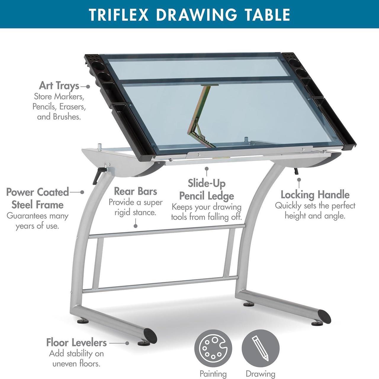 Alt view image 7 of 7 - SD Studio Designs Triflex Drawing Table, Sit to Stand Up Adjustable Office Home Computer Desk, 35.25" W X 23.5" D, Silver/Blue Glass