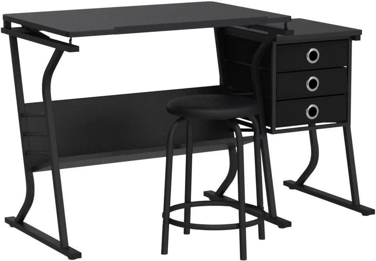 Alt view image 4 of 7 - Topeakmart Height Adjustable Drafting Table Art Craft Desk Work Station Hobby Design Studio Tiltable Tabletop Drawing Desk with Stool & Storage Drawers
