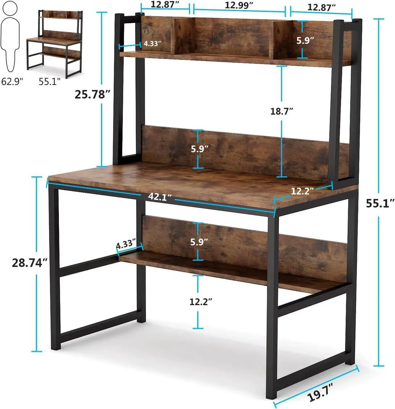 Alt view image 2 of 7 - Tribesigns Computer Desk with Hutch, 42" Study Desk with Bottome Storage Shelve, Workstaion for Home Office, Small Space, 42" W x 19" D x 55" H