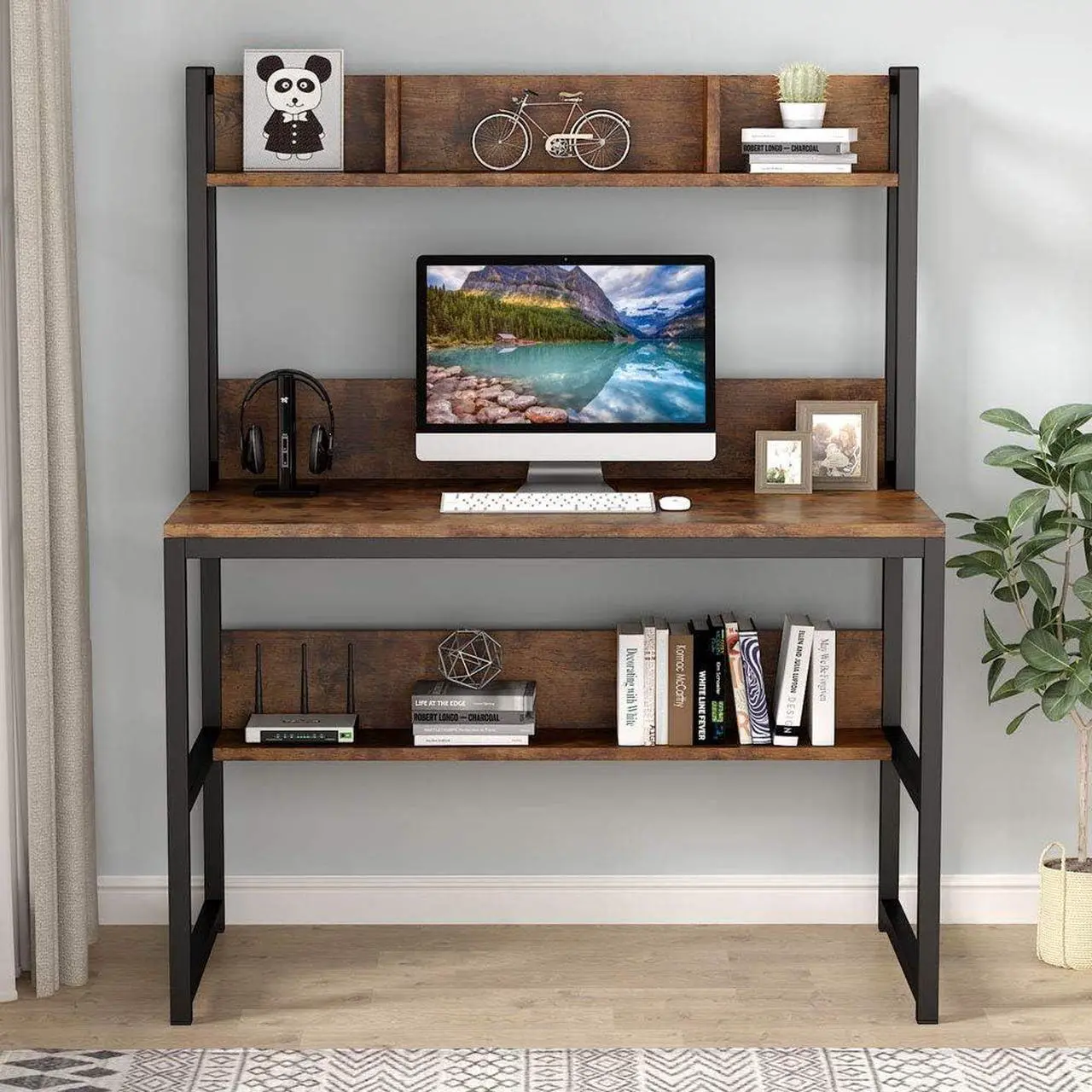 Alt view image 5 of 7 - Tribesigns Computer Desk with Hutch, 42" Study Desk with Bottome Storage Shelve, Workstaion for Home Office, Small Space, 42" W x 19" D x 55" H
