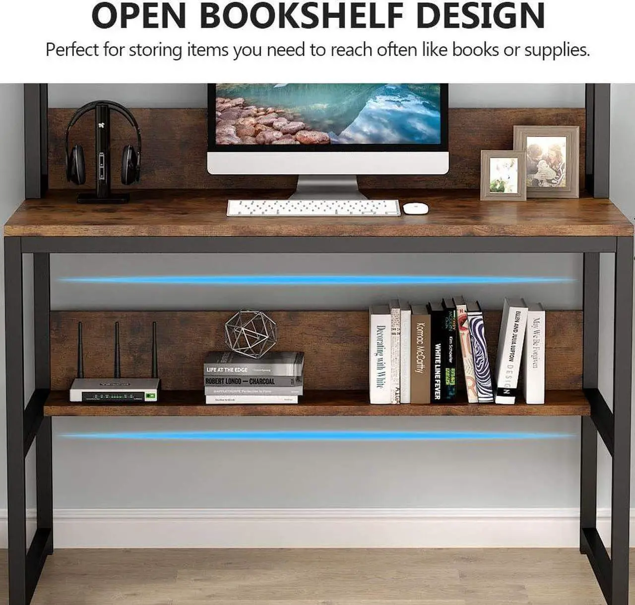 Alt view image 6 of 7 - Tribesigns Computer Desk with Hutch, 42" Study Desk with Bottome Storage Shelve, Workstaion for Home Office, Small Space, 42" W x 19" D x 55" H