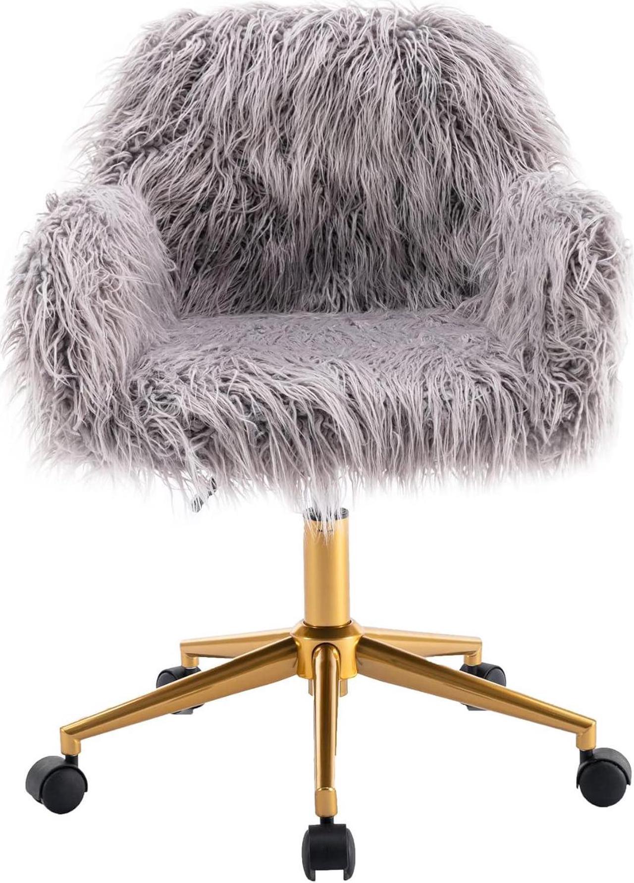 Main image of Grey Faux Fur Desk Chair, Cute Upholstered Padded Seat, Vanity Accent Modern Height Adjustable Swivel Office Chair for Living Room Makeup Home Office Bedroom (Grey)