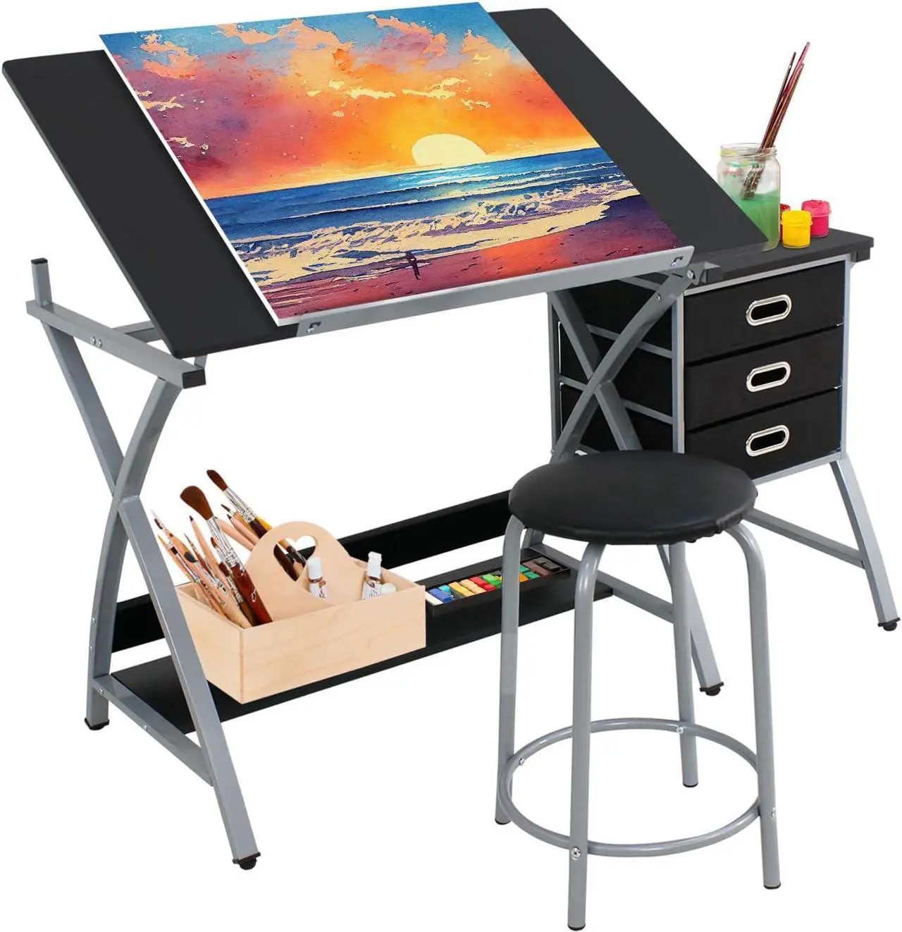 Alt view image 2 of 7 - HomGarden Adjustable Drawing Desk Drafting Table Folding Art Craft Table Station w/Stool and 3 Storage Drawers
