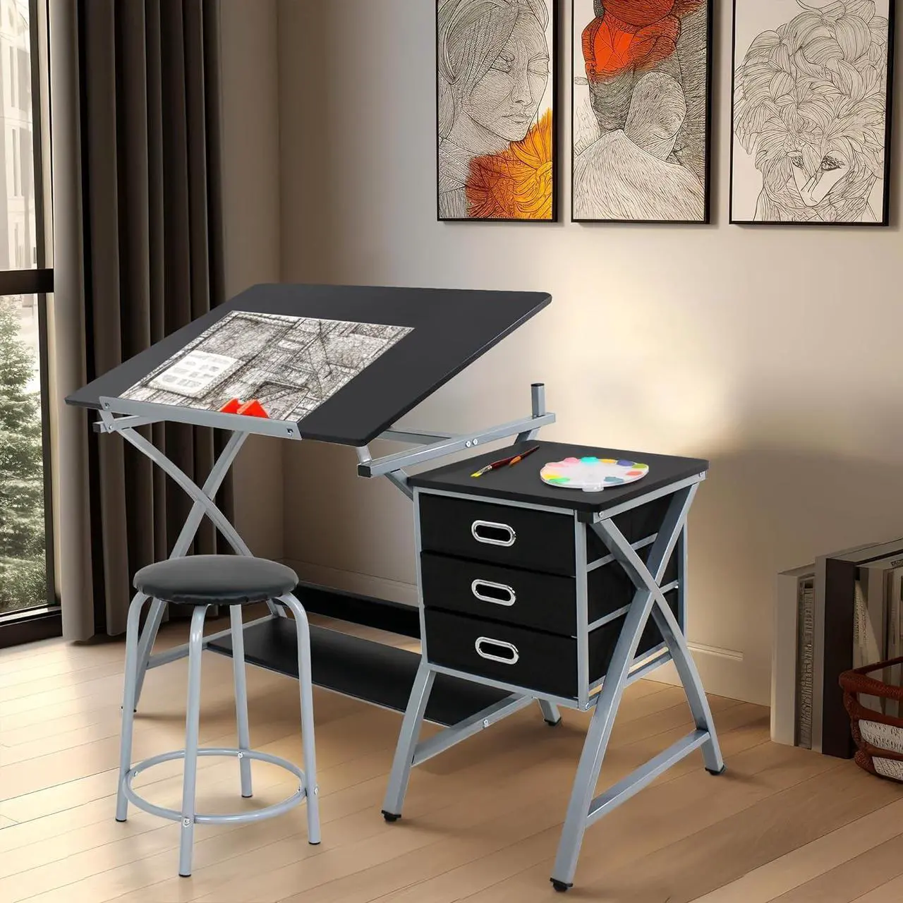 Alt view image 6 of 7 - HomGarden Adjustable Drawing Desk Drafting Table Folding Art Craft Table Station w/Stool and 3 Storage Drawers