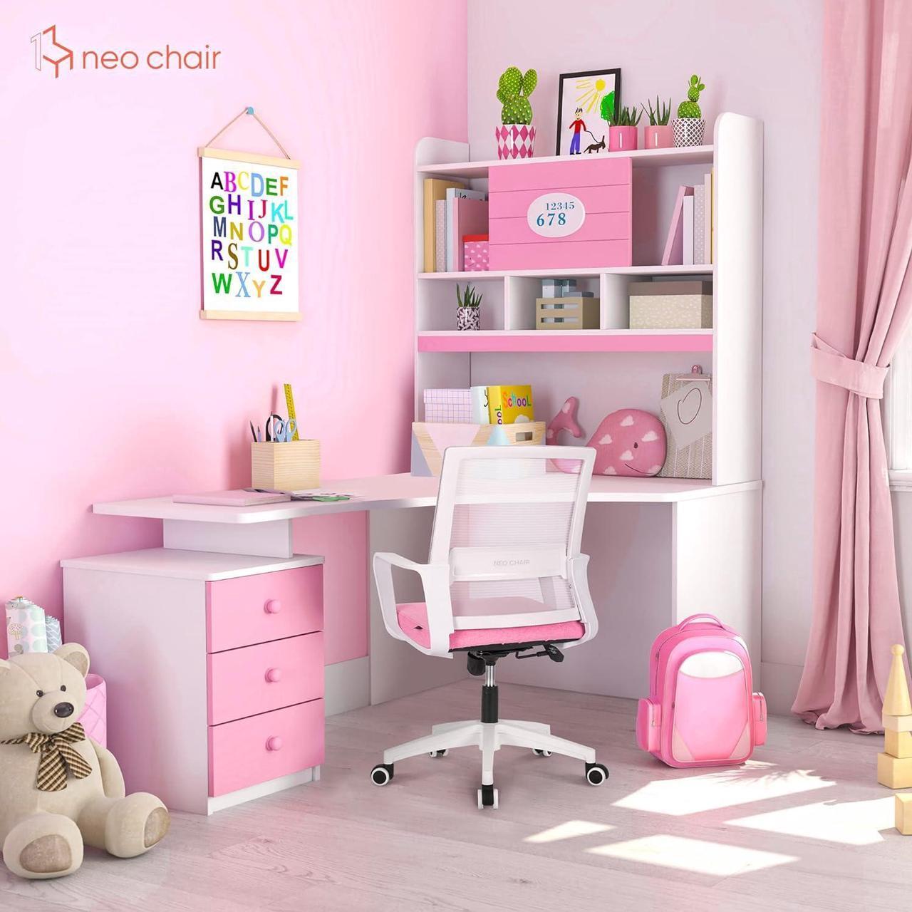 Alt view image 2 of 7 - NEO CHAIR Office Desk Chair Ergonomic Mid Back Mesh with Lumbar Support Comfy Cushion Swivel Adjustable Height Gaming Chairs for Home Office (Pink)