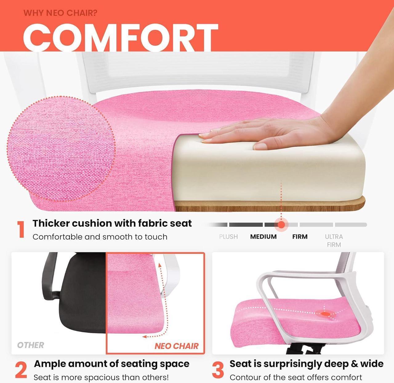 Alt view image 4 of 7 - NEO CHAIR Office Desk Chair Ergonomic Mid Back Mesh with Lumbar Support Comfy Cushion Swivel Adjustable Height Gaming Chairs for Home Office (Pink)