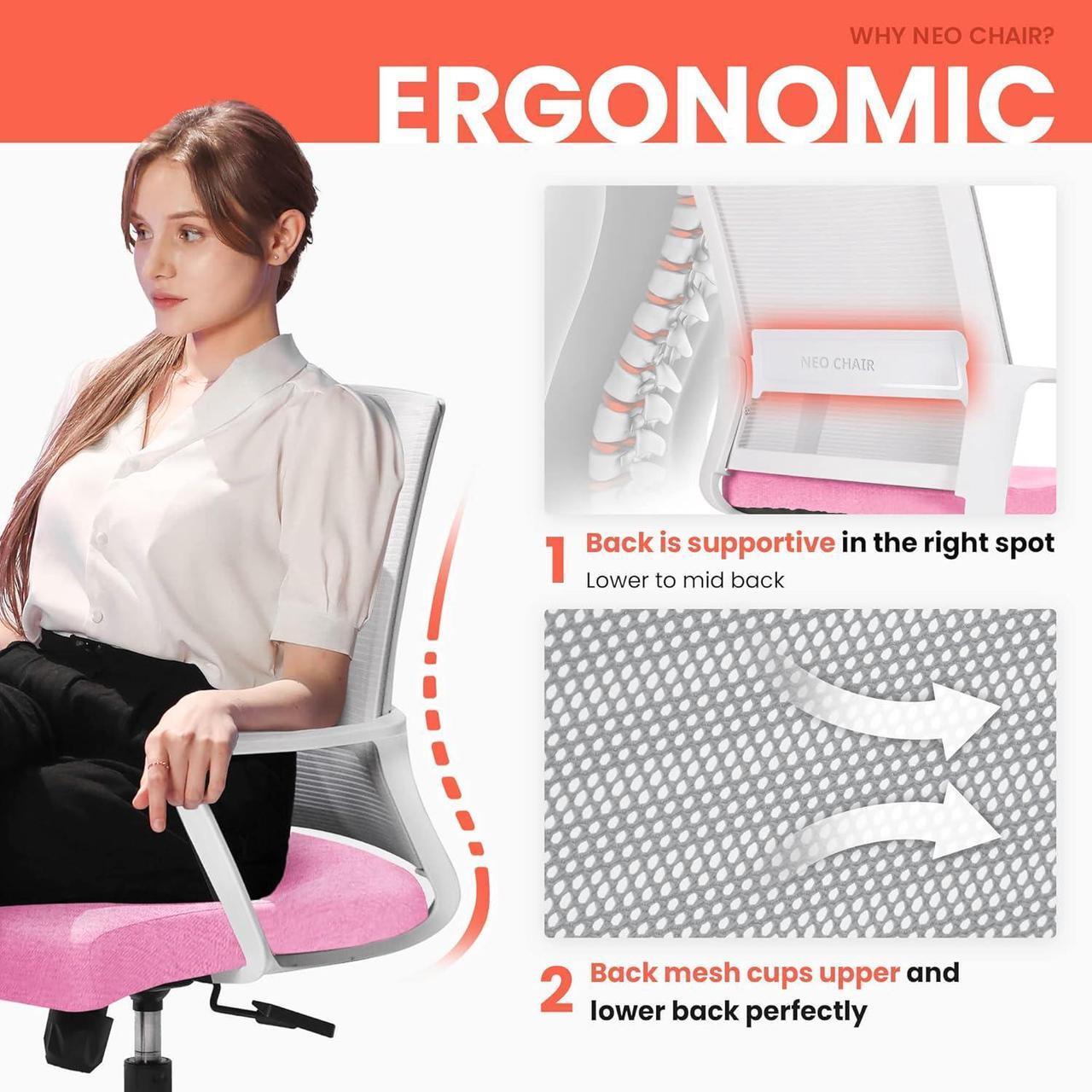 Alt view image 5 of 7 - NEO CHAIR Office Desk Chair Ergonomic Mid Back Mesh with Lumbar Support Comfy Cushion Swivel Adjustable Height Gaming Chairs for Home Office (Pink)