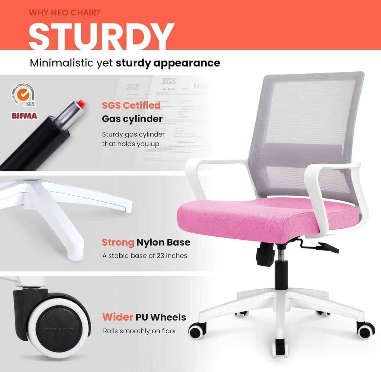 Alt view image 6 of 7 - NEO CHAIR Office Desk Chair Ergonomic Mid Back Mesh with Lumbar Support Comfy Cushion Swivel Adjustable Height Gaming Chairs for Home Office (Pink)