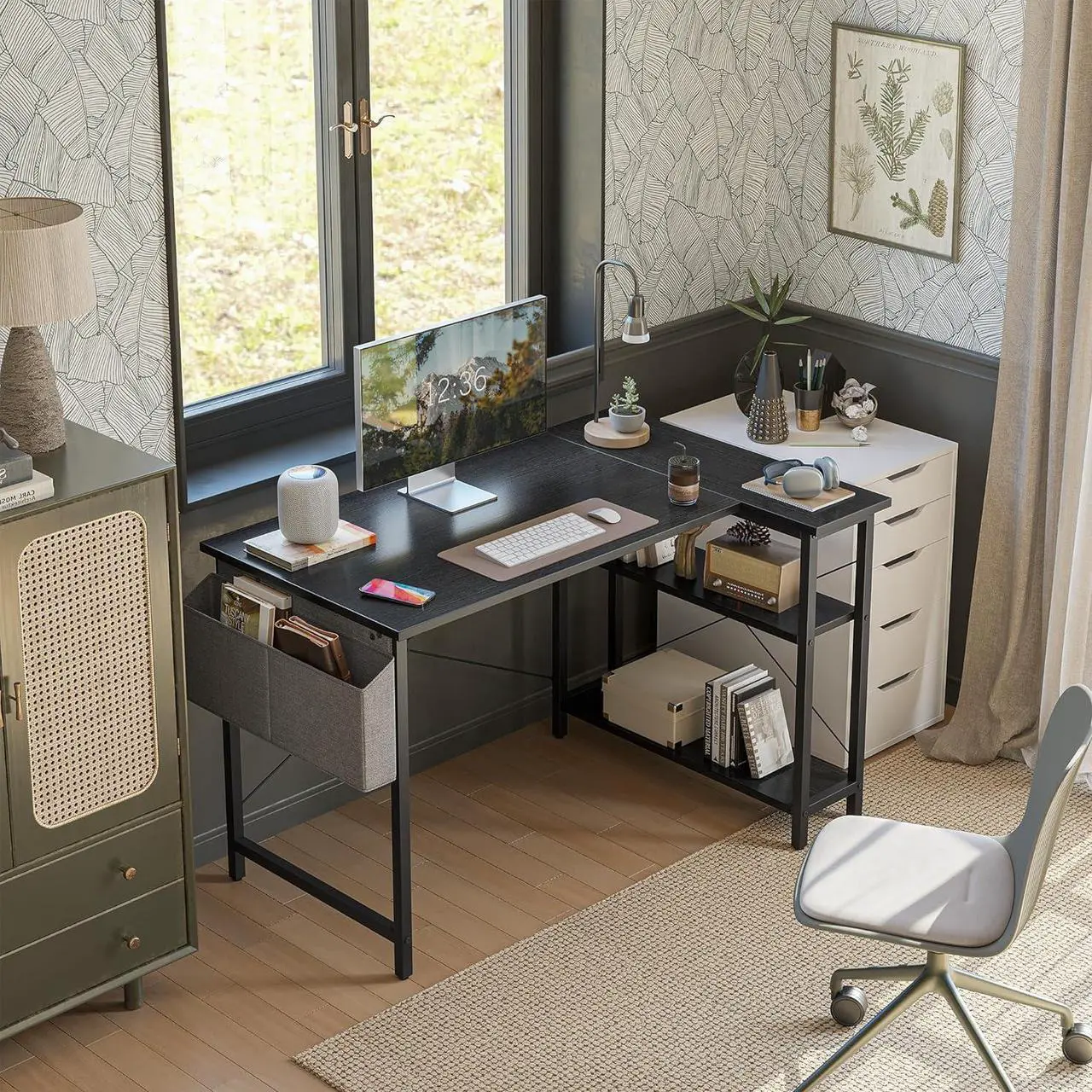 Alt view image 2 of 7 - L Shaped Desk, 40" Small Reversible Corner Computer Desk with Storage Shelves, Home Office Desk Study Writing Table, Black