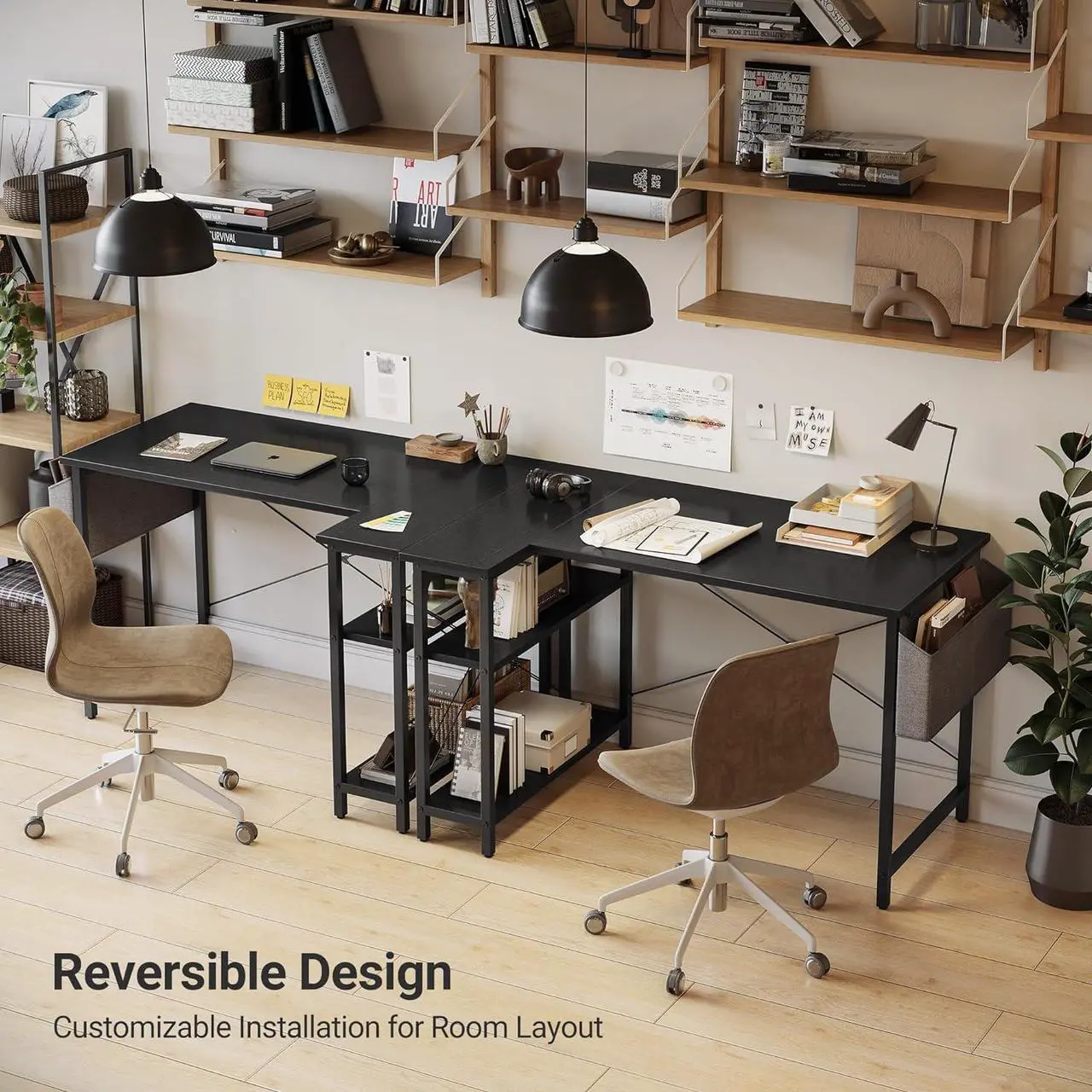 Alt view image 4 of 7 - L Shaped Desk, 40" Small Reversible Corner Computer Desk with Storage Shelves, Home Office Desk Study Writing Table, Black