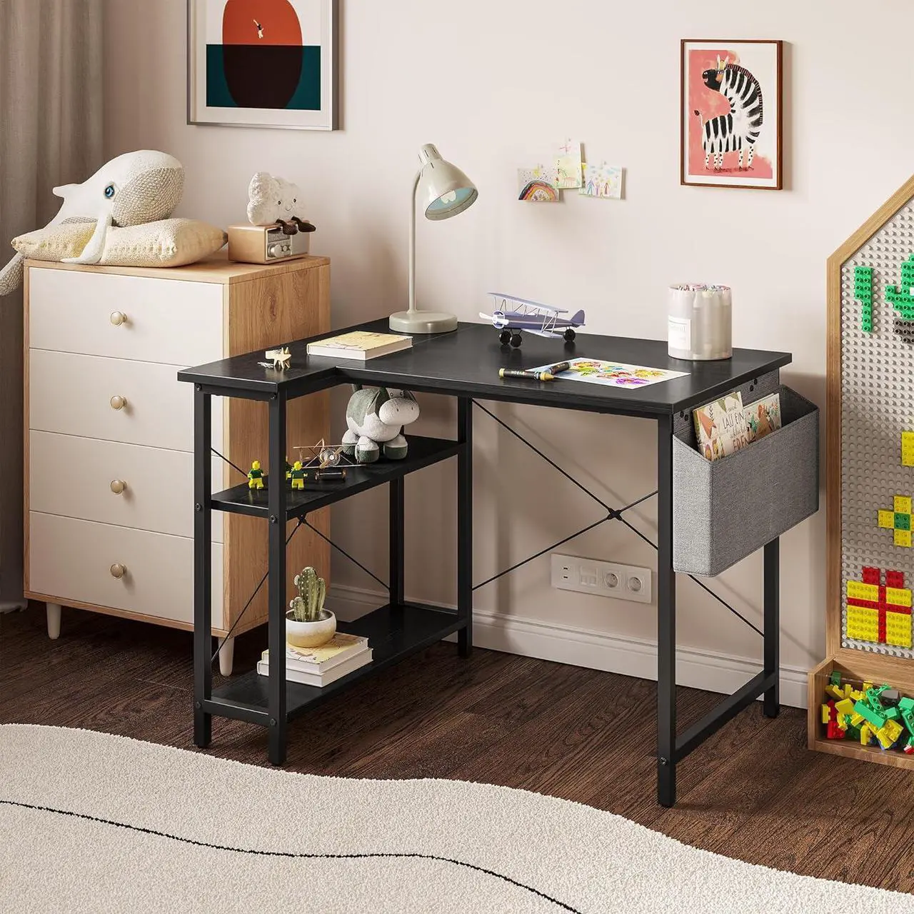 Alt view image 7 of 7 - L Shaped Desk, 40" Small Reversible Corner Computer Desk with Storage Shelves, Home Office Desk Study Writing Table, Black