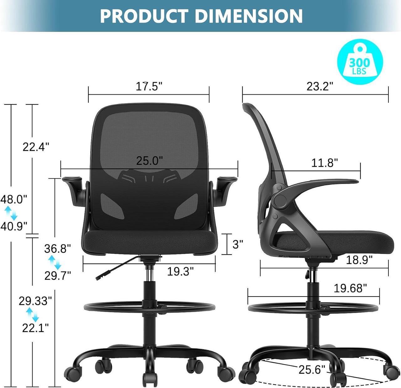 Alt view image 2 of 7 - Tall Drafting Chair with Footrest Ring for Home and Work, Ergonomic Home Desk Office Chair with Flip up Arms and Lumbar Support, Tall Extended Height Executive Home Desk Office Chair(Black)