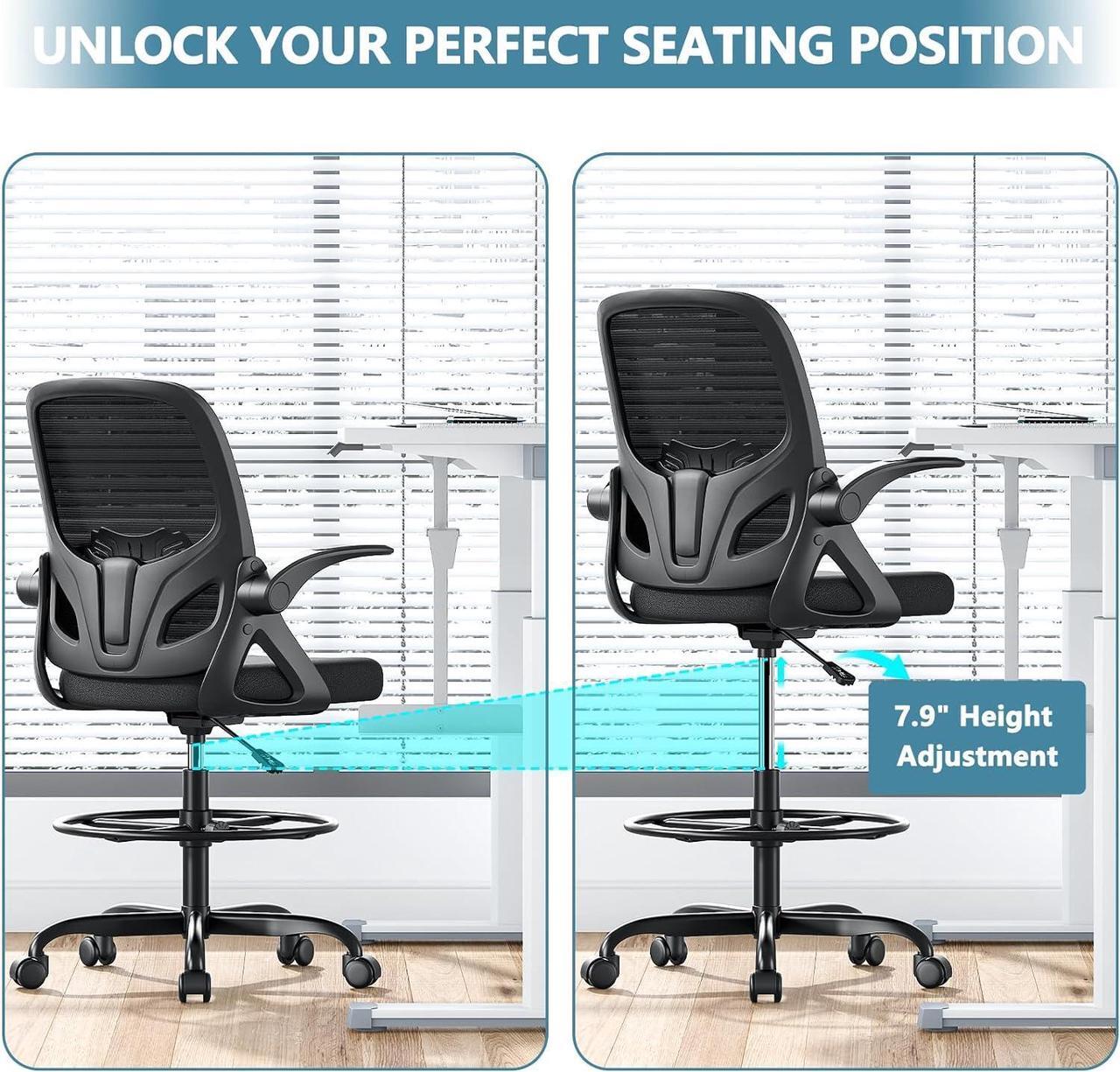Alt view image 5 of 7 - Tall Drafting Chair with Footrest Ring for Home and Work, Ergonomic Home Desk Office Chair with Flip up Arms and Lumbar Support, Tall Extended Height Executive Home Desk Office Chair(Black)