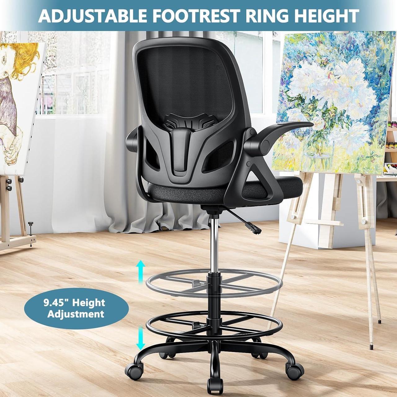 Alt view image 6 of 7 - Tall Drafting Chair with Footrest Ring for Home and Work, Ergonomic Home Desk Office Chair with Flip up Arms and Lumbar Support, Tall Extended Height Executive Home Desk Office Chair(Black)