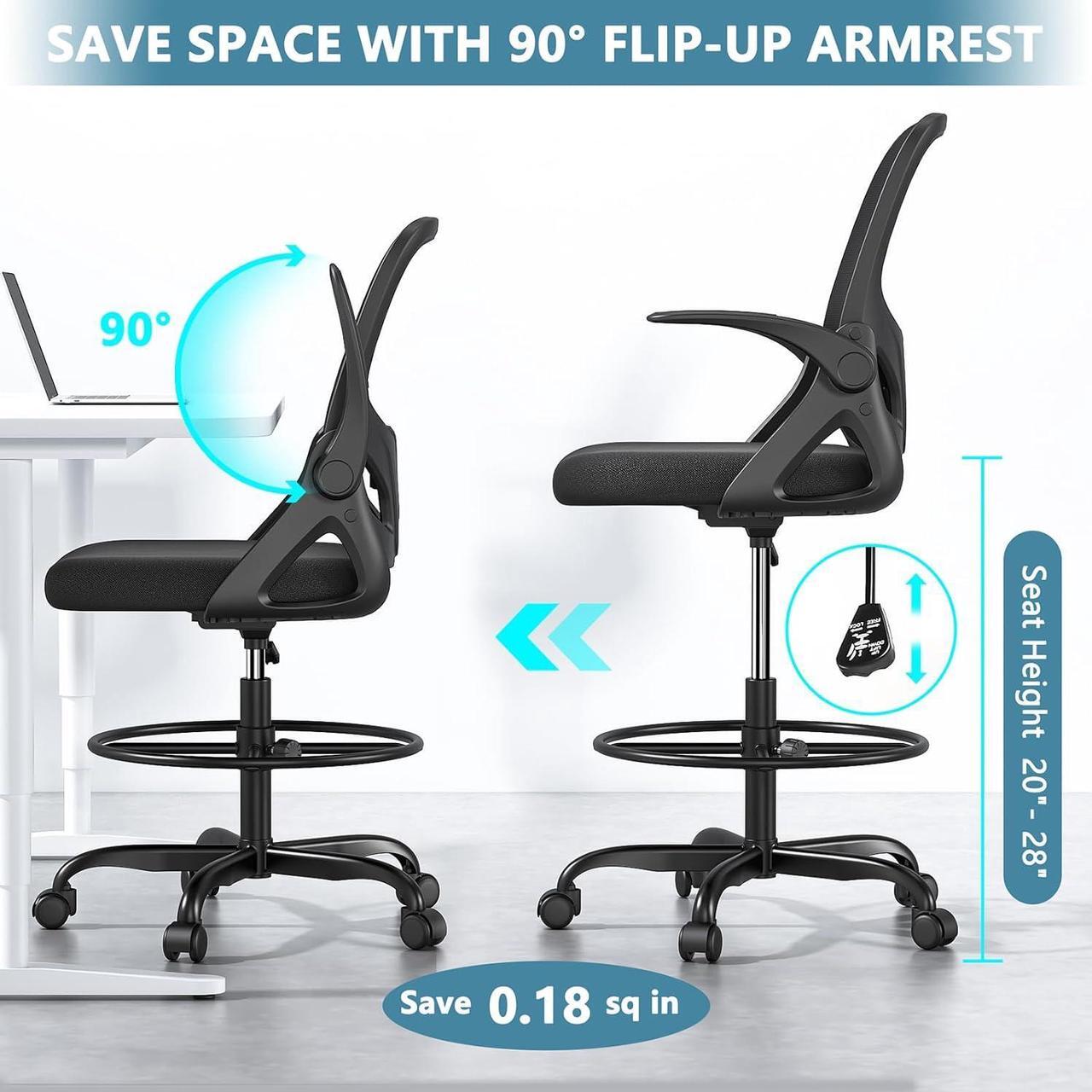Alt view image 7 of 7 - Tall Drafting Chair with Footrest Ring for Home and Work, Ergonomic Home Desk Office Chair with Flip up Arms and Lumbar Support, Tall Extended Height Executive Home Desk Office Chair(Black)