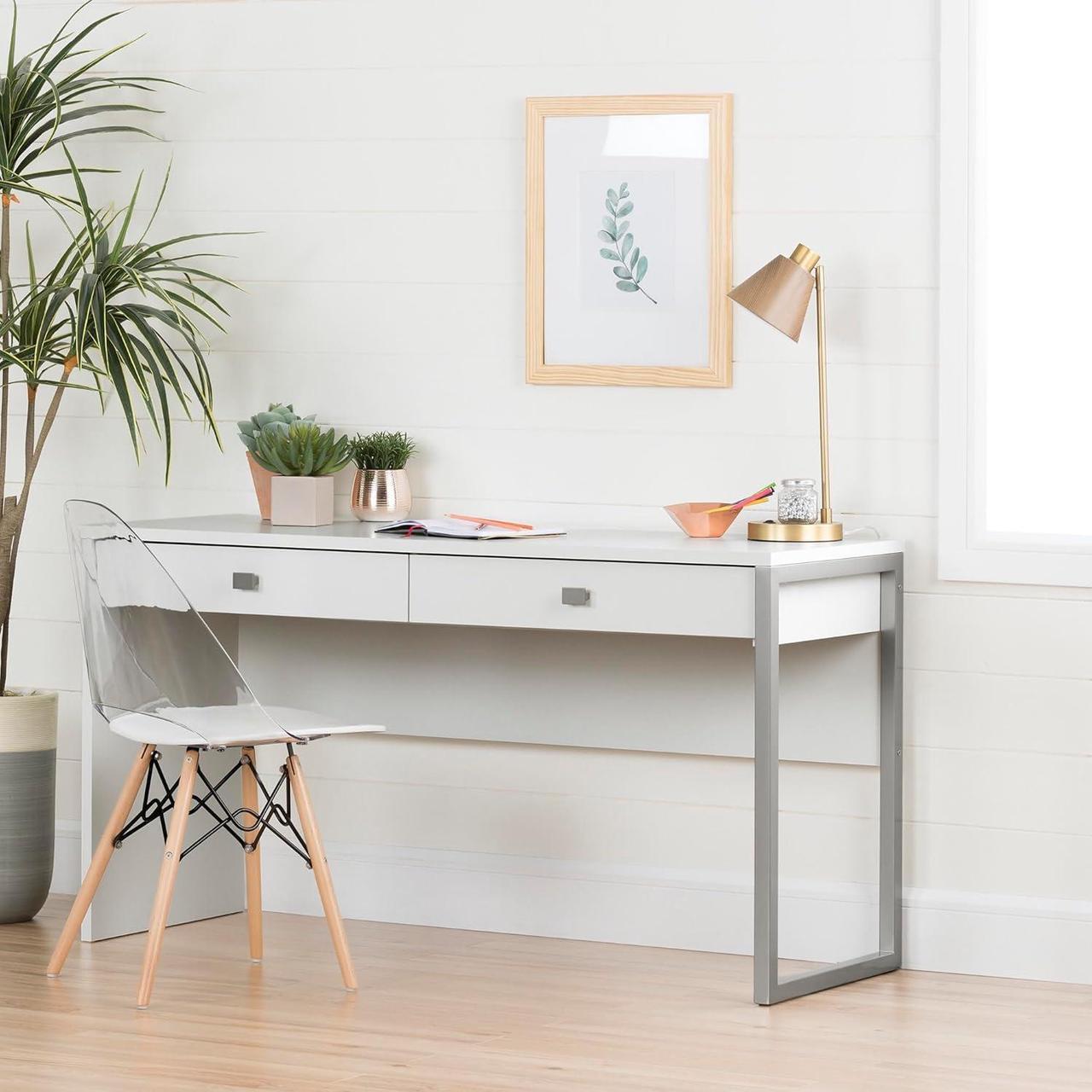 Alt view image 2 of 7 - South Shore Annexe Mid-Century Modern Eiffel Office Chair, Wooden Legs, Clear and White 19.5D x 16.25W x 32.5H in
