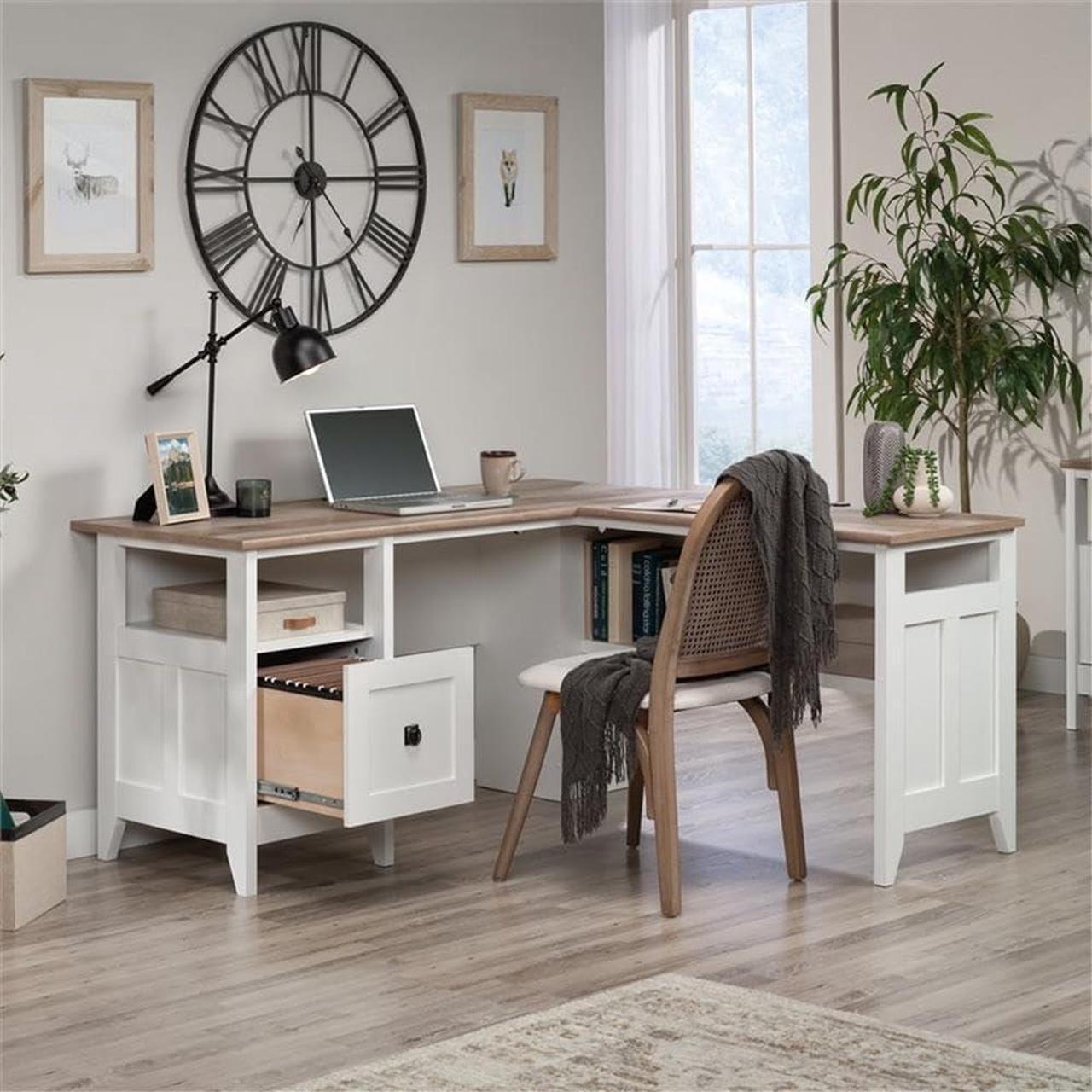 Alt view image 6 of 7 - Sauder August Hill L-Shaped Home Office Desk in Soft White, Soft White finish