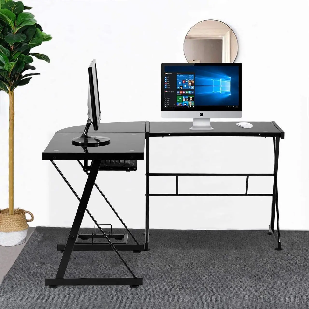 Alt view image 2 of 7 - L Shaped Computer Desk,Gaming Desk Home Office Corner Desk Toughened Glass Writing Study PC Modern Executive Table with Keyboard CPU Stand for Kids Student Women Men