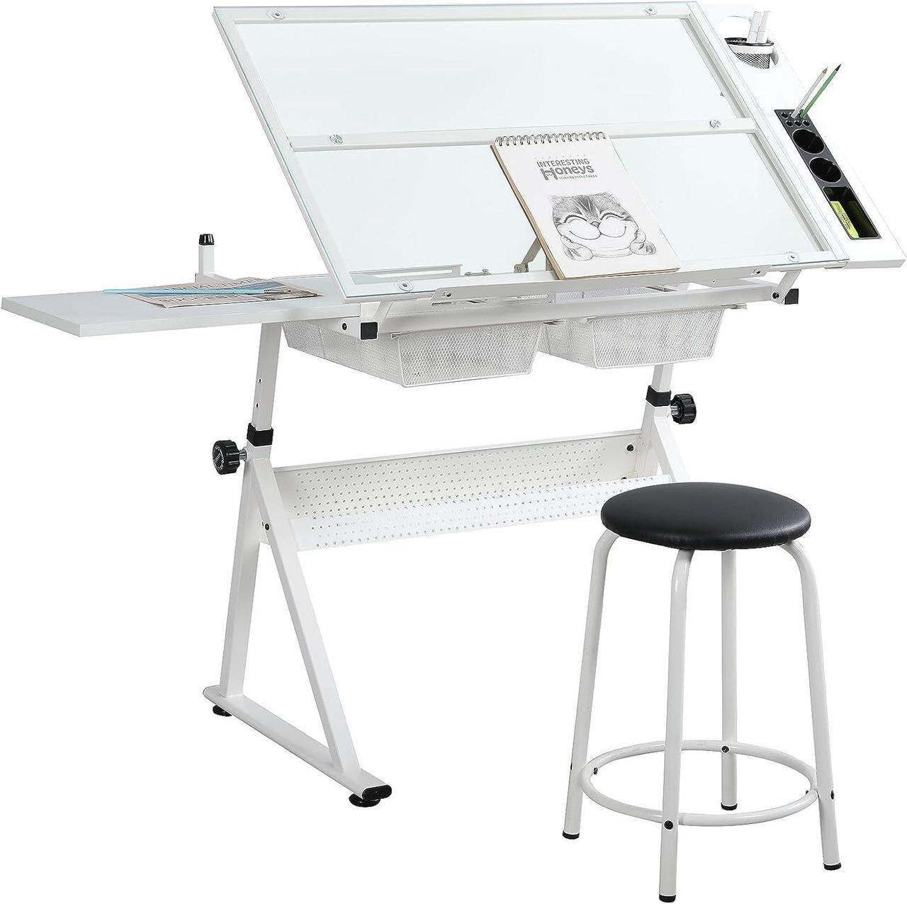 Main image of Glass Drafting Table Art Desk  Adjustable Professhional Artwork Drawing Drafting Table Desk, Glass-Topped Art Table for Craft Station Studio Home Office School w/Drawers/Chair (White)