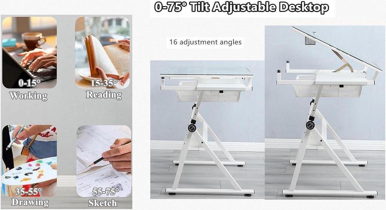 Alt view image 3 of 7 - Glass Drafting Table Art Desk  Adjustable Professhional Artwork Drawing Drafting Table Desk, Glass-Topped Art Table for Craft Station Studio Home Office School w/Drawers/Chair (White)