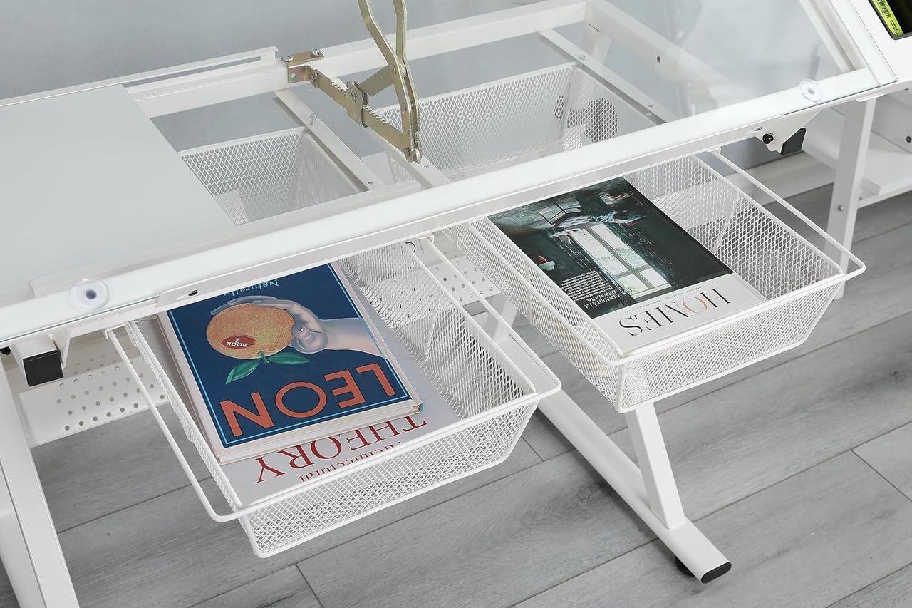Alt view image 4 of 7 - Glass Drafting Table Art Desk  Adjustable Professhional Artwork Drawing Drafting Table Desk, Glass-Topped Art Table for Craft Station Studio Home Office School w/Drawers/Chair (White)
