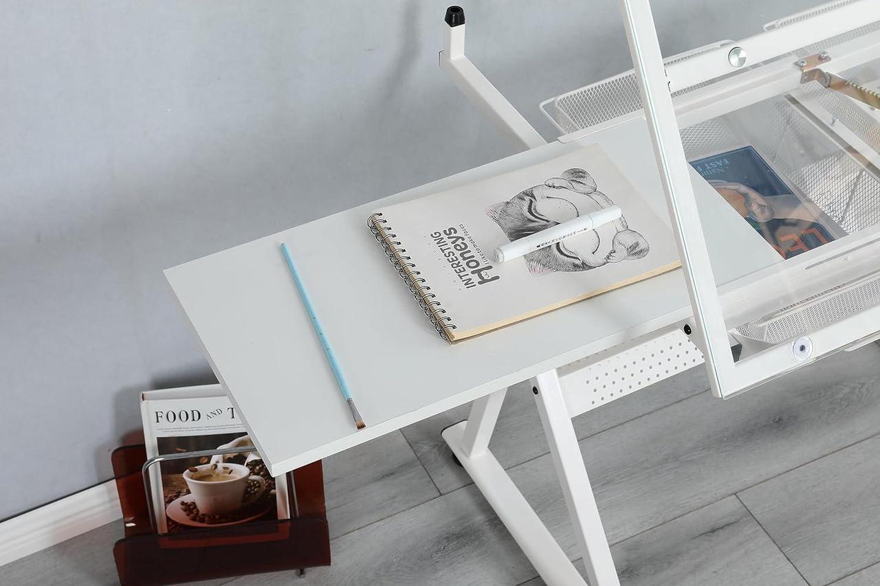 Alt view image 7 of 7 - Glass Drafting Table Art Desk  Adjustable Professhional Artwork Drawing Drafting Table Desk, Glass-Topped Art Table for Craft Station Studio Home Office School w/Drawers/Chair (White)