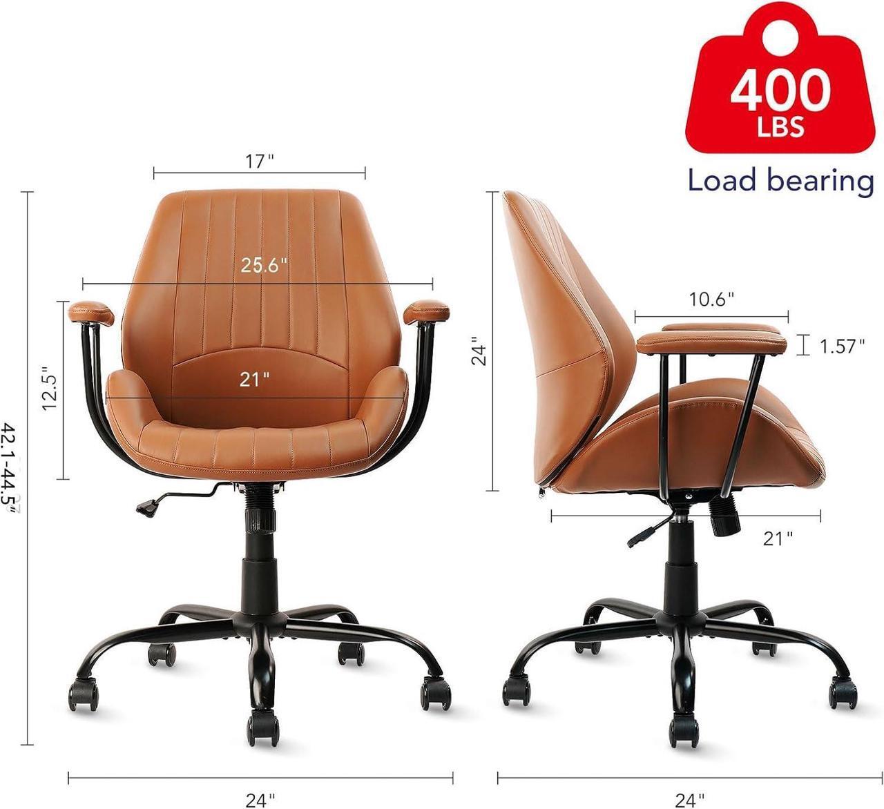 Alt view image 2 of 7 - CLATINA Ergonomic Home Office Chair PU Leather Desk Chair with Wheels, Mid Century Modern Swivel Rolling Computer Task Chair with Armrests and Lumbar Support, Brown 400lbs
