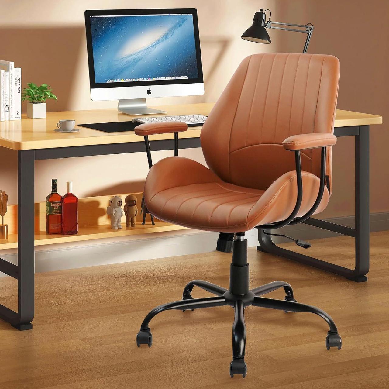 Alt view image 3 of 7 - CLATINA Ergonomic Home Office Chair PU Leather Desk Chair with Wheels, Mid Century Modern Swivel Rolling Computer Task Chair with Armrests and Lumbar Support, Brown 400lbs
