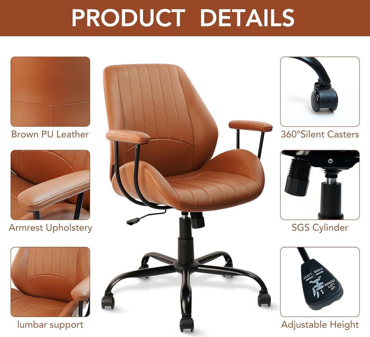 Alt view image 4 of 7 - CLATINA Ergonomic Home Office Chair PU Leather Desk Chair with Wheels, Mid Century Modern Swivel Rolling Computer Task Chair with Armrests and Lumbar Support, Brown 400lbs