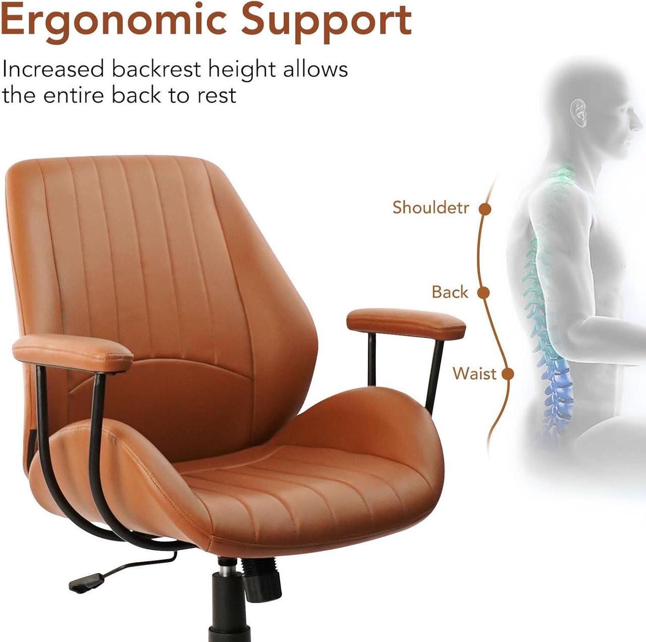 Alt view image 5 of 7 - CLATINA Ergonomic Home Office Chair PU Leather Desk Chair with Wheels, Mid Century Modern Swivel Rolling Computer Task Chair with Armrests and Lumbar Support, Brown 400lbs