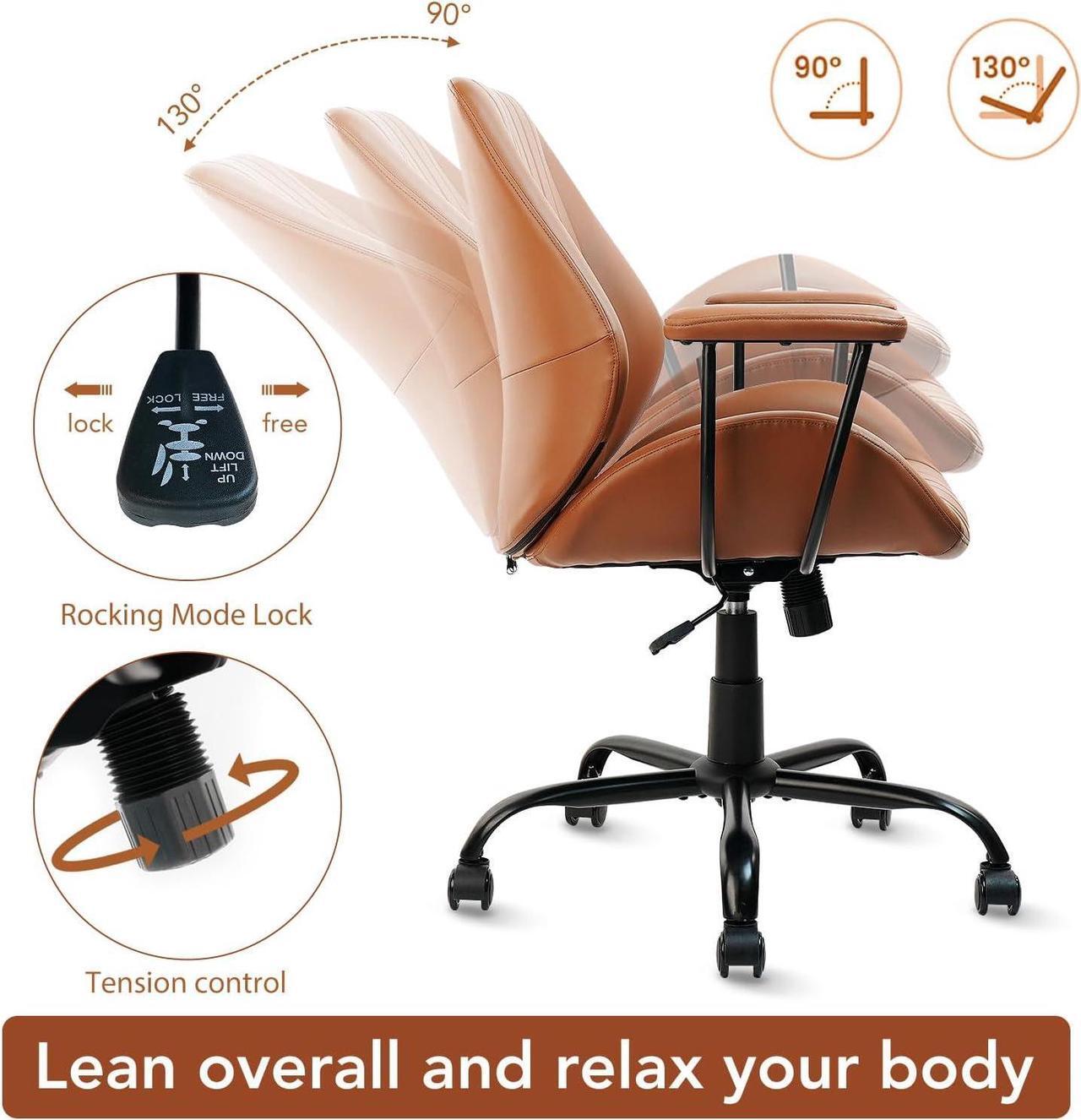 Alt view image 6 of 7 - CLATINA Ergonomic Home Office Chair PU Leather Desk Chair with Wheels, Mid Century Modern Swivel Rolling Computer Task Chair with Armrests and Lumbar Support, Brown 400lbs