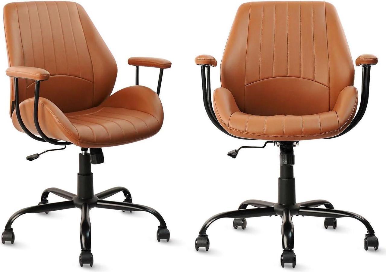 Alt view image 7 of 7 - CLATINA Ergonomic Home Office Chair PU Leather Desk Chair with Wheels, Mid Century Modern Swivel Rolling Computer Task Chair with Armrests and Lumbar Support, Brown 400lbs