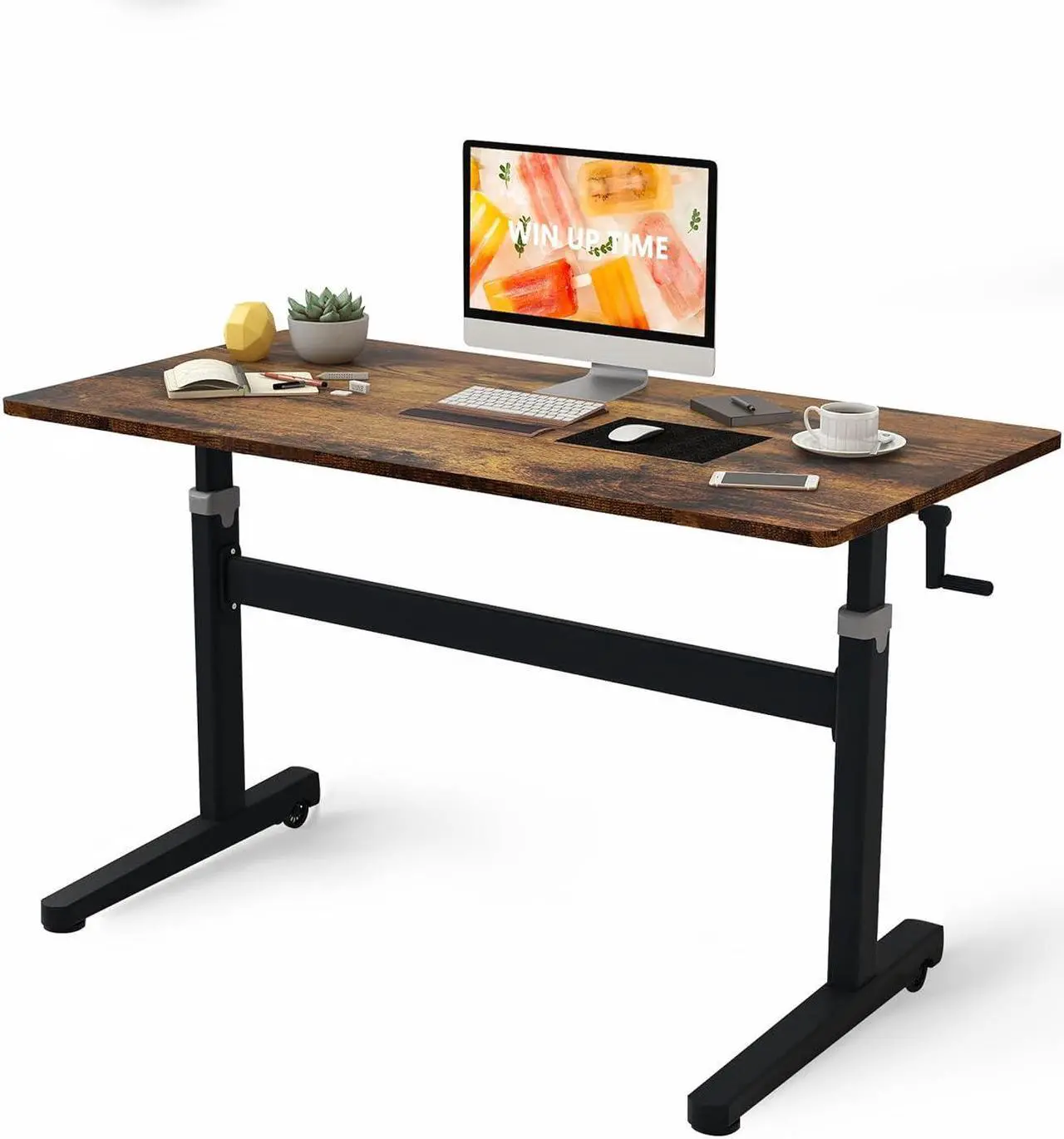 Main image of Manual Standing Desk Adjustable Height- Crank Mobile Standing Desk 48 x 24 Inches Sit Stand Desk Frame & Top, Stand Up Desk on Wheels, Computer Desk Black Frame & Rustic Brown