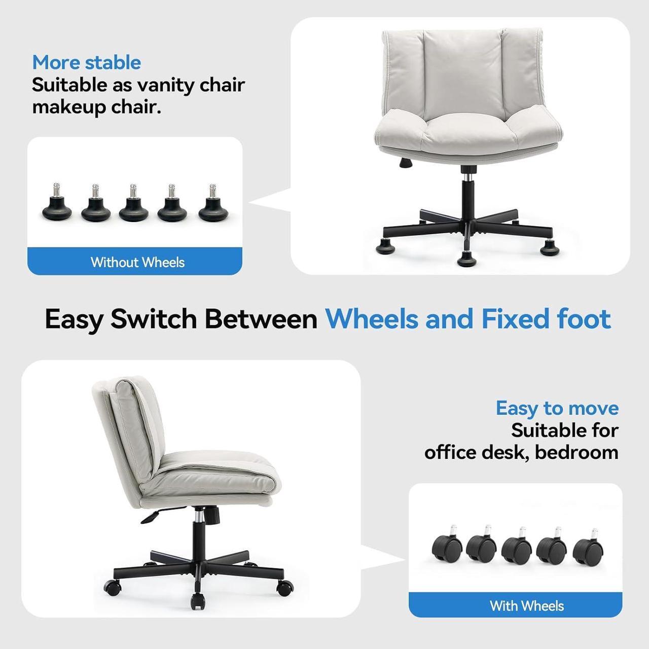 Alt view image 4 of 7 - LEAGOO Criss Cross Chair with Wheels, Comfy Armless Desk Chairs with Tech Fabric, Wide Seat Cross Legged Office Chair, Height Adjustable Swivel Computer Task Chairs for Home Office, Bedroom, Make up