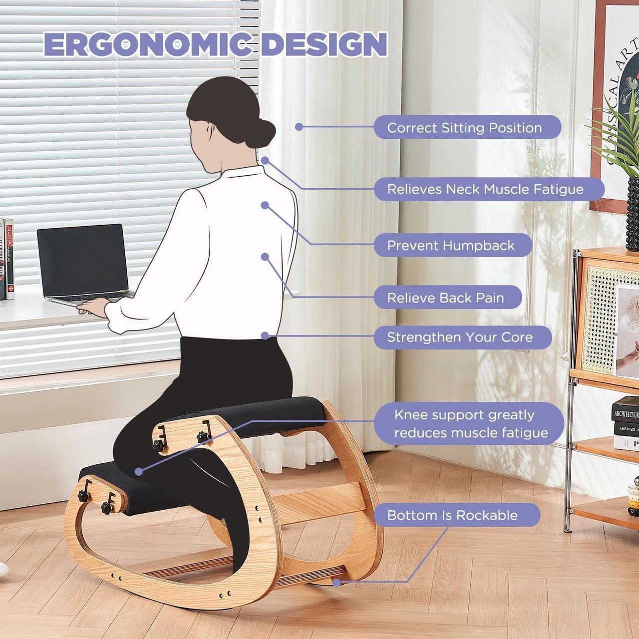 Alt view image 7 of 7 - Ergonomic Kneeling Chair,Adjustable Rocking Knee Chair for Home Office,Wooden Office Chair for Back Pain Relief,Black