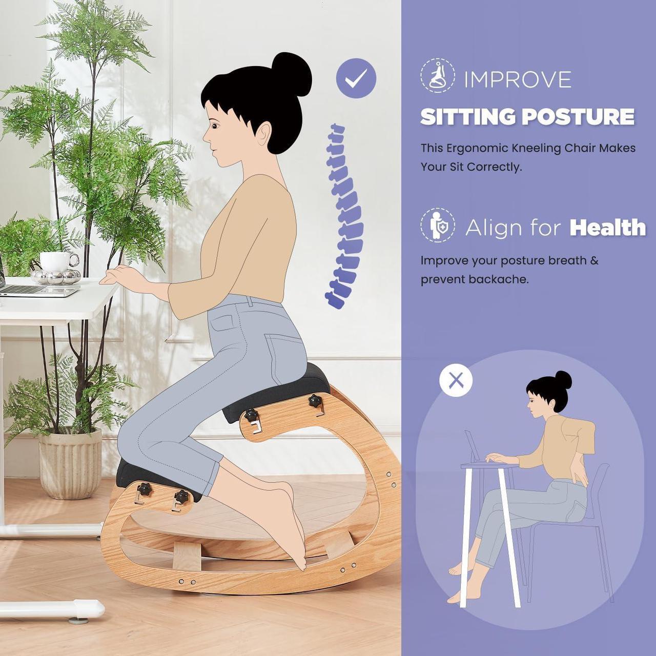 Alt view image 6 of 7 - Ergonomic Kneeling Chair,Adjustable Rocking Knee Chair for Home Office,Wooden Office Chair for Back Pain Relief,Black