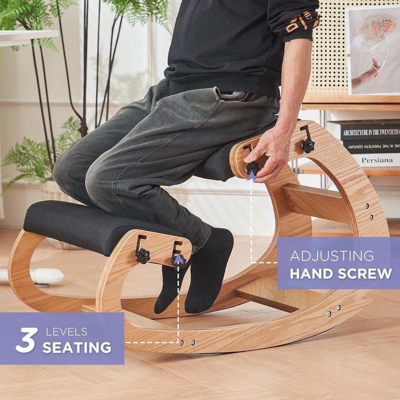Alt view image 4 of 7 - Ergonomic Kneeling Chair,Adjustable Rocking Knee Chair for Home Office,Wooden Office Chair for Back Pain Relief,Black