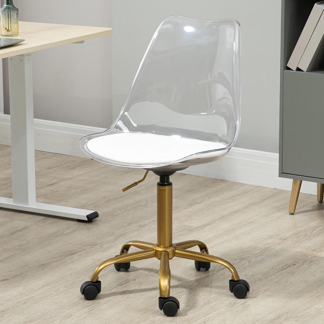 Main image of Acrylic Clear Desk Chair, Modern Small Cute Armless Vanity Rolling Plastic Chair Home Office Lucite Ghost Chairs Cushion Padded with Golden Legs, Clear
