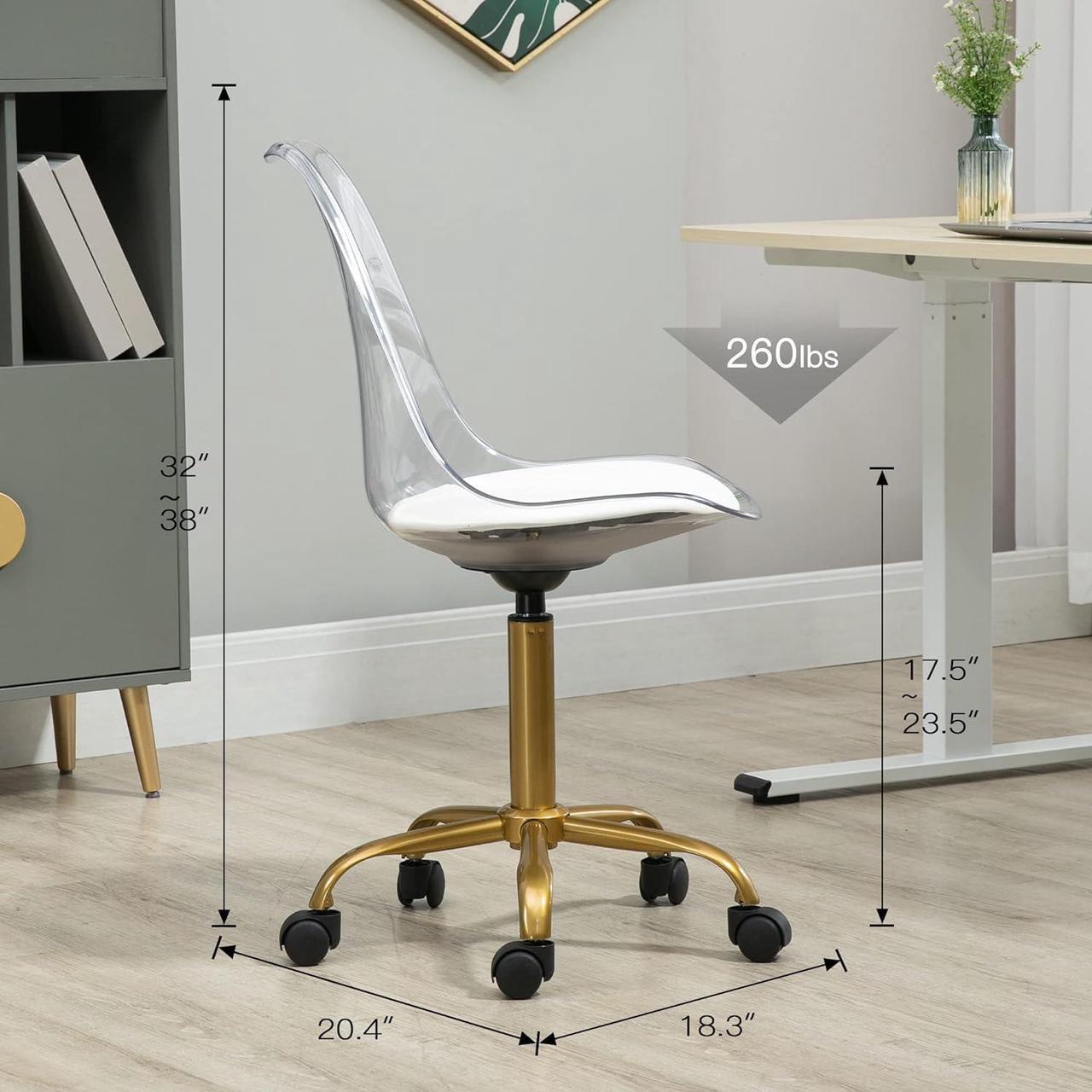 Alt view image 2 of 7 - Acrylic Clear Desk Chair, Modern Small Cute Armless Vanity Rolling Plastic Chair Home Office Lucite Ghost Chairs Cushion Padded with Golden Legs, Clear