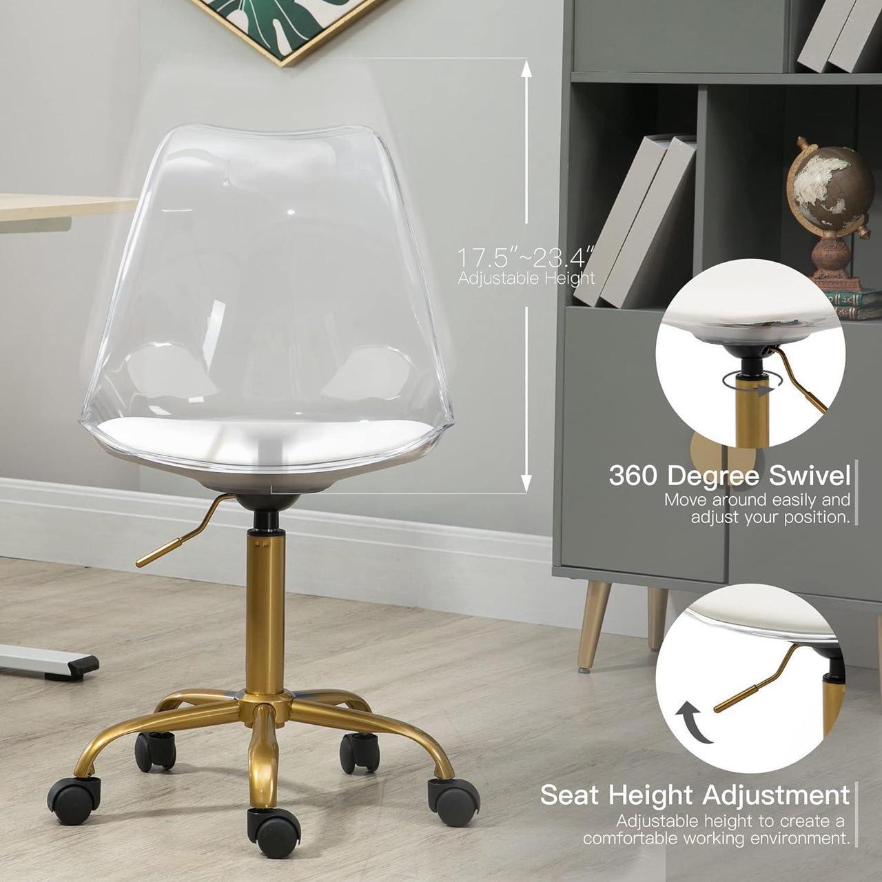 Alt view image 3 of 7 - Acrylic Clear Desk Chair, Modern Small Cute Armless Vanity Rolling Plastic Chair Home Office Lucite Ghost Chairs Cushion Padded with Golden Legs, Clear