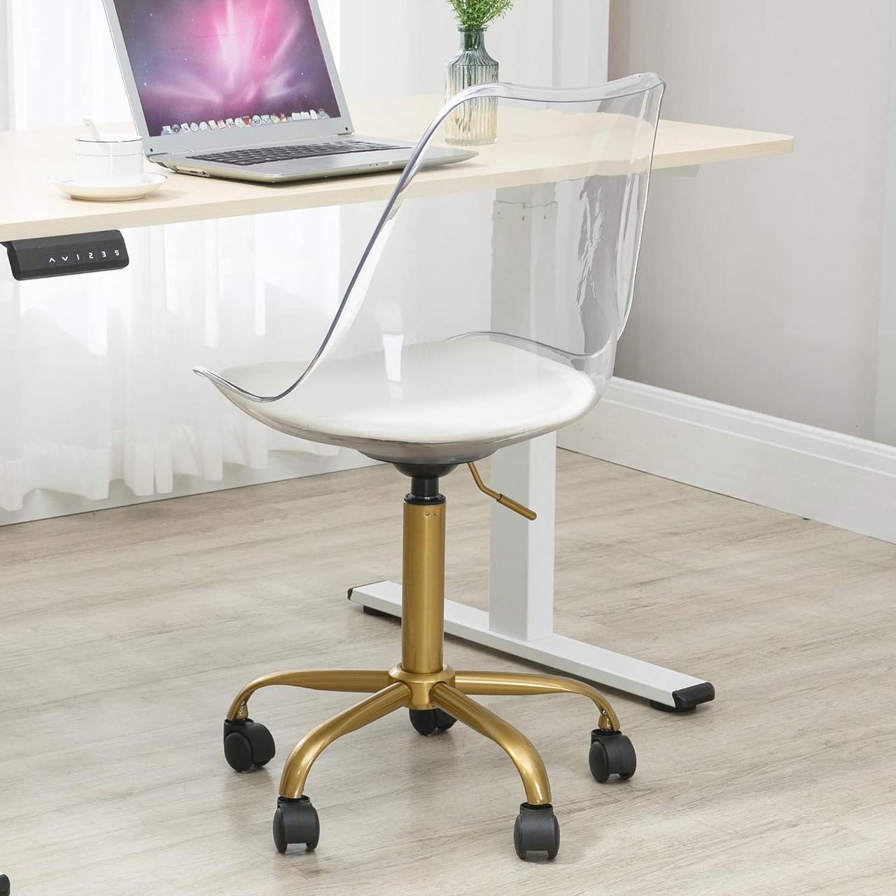 Alt view image 4 of 7 - Acrylic Clear Desk Chair, Modern Small Cute Armless Vanity Rolling Plastic Chair Home Office Lucite Ghost Chairs Cushion Padded with Golden Legs, Clear