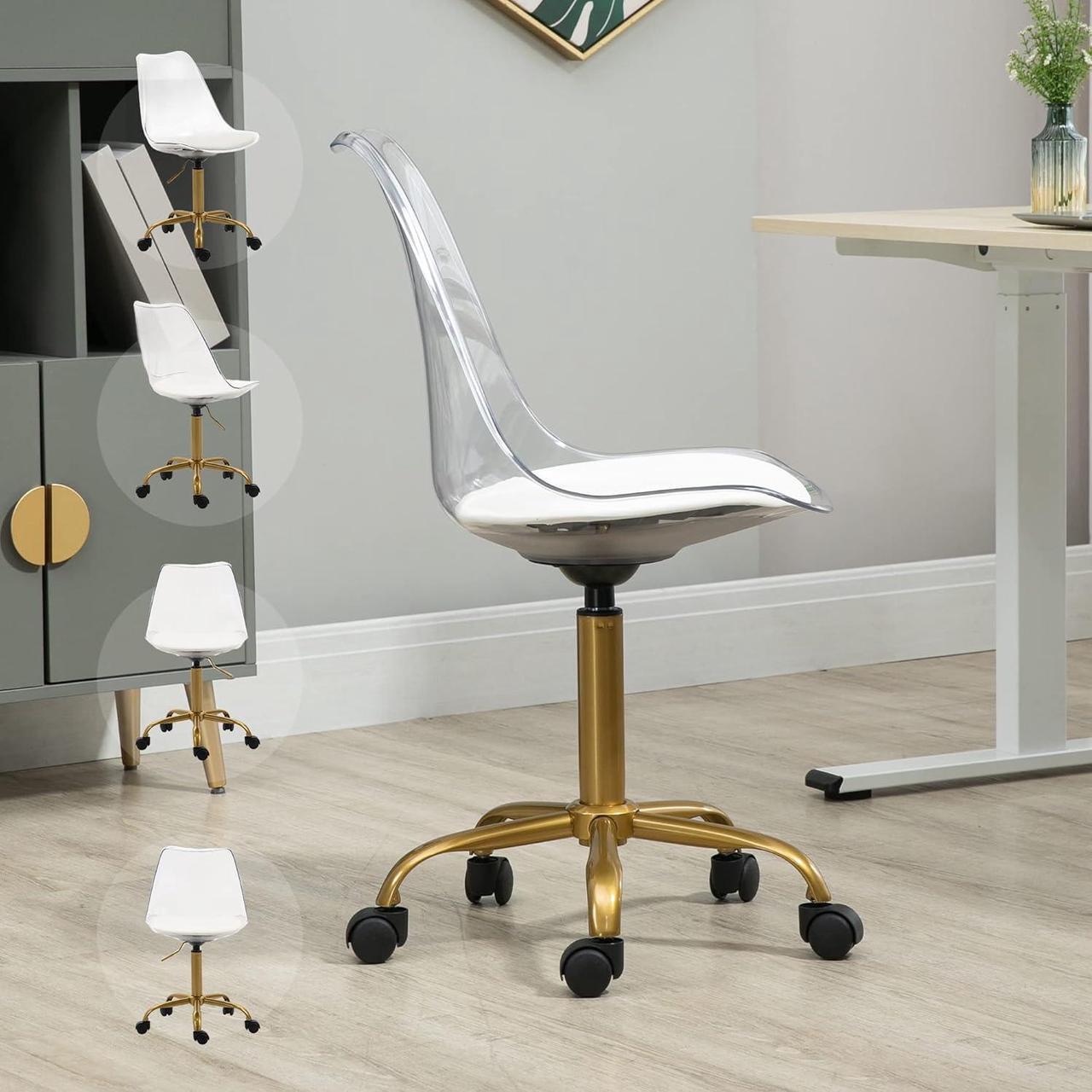 Alt view image 7 of 7 - Acrylic Clear Desk Chair, Modern Small Cute Armless Vanity Rolling Plastic Chair Home Office Lucite Ghost Chairs Cushion Padded with Golden Legs, Clear