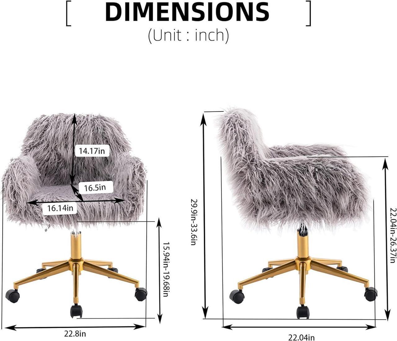 Alt view image 3 of 7 - Grey Faux Fur Desk Chair, Cute Upholstered Padded Seat, Vanity Accent Modern Height Adjustable Swivel Office Chair for Living Room Makeup Home Office Bedroom (Grey)