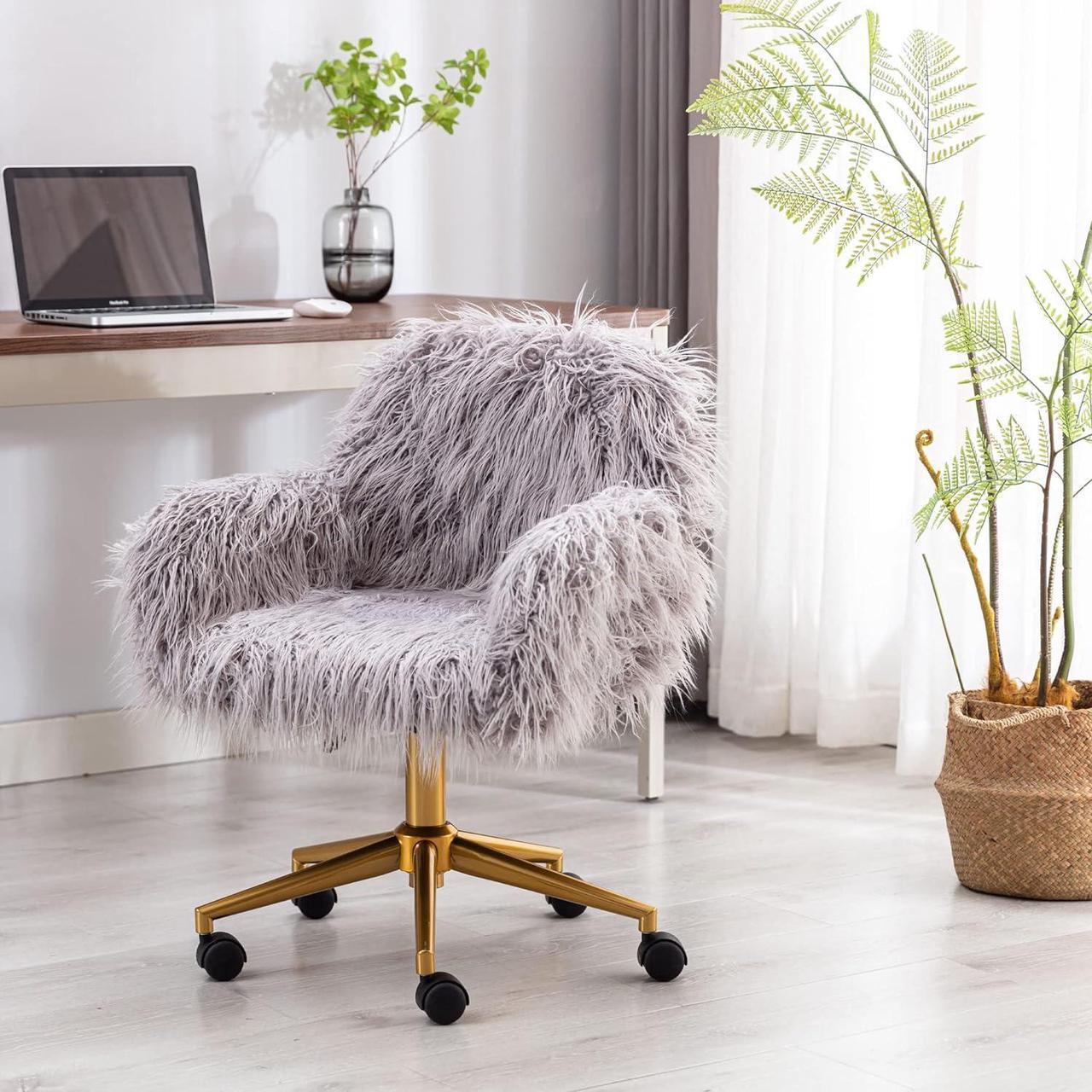 Alt view image 2 of 7 - Grey Faux Fur Desk Chair, Cute Upholstered Padded Seat, Vanity Accent Modern Height Adjustable Swivel Office Chair for Living Room Makeup Home Office Bedroom (Grey)