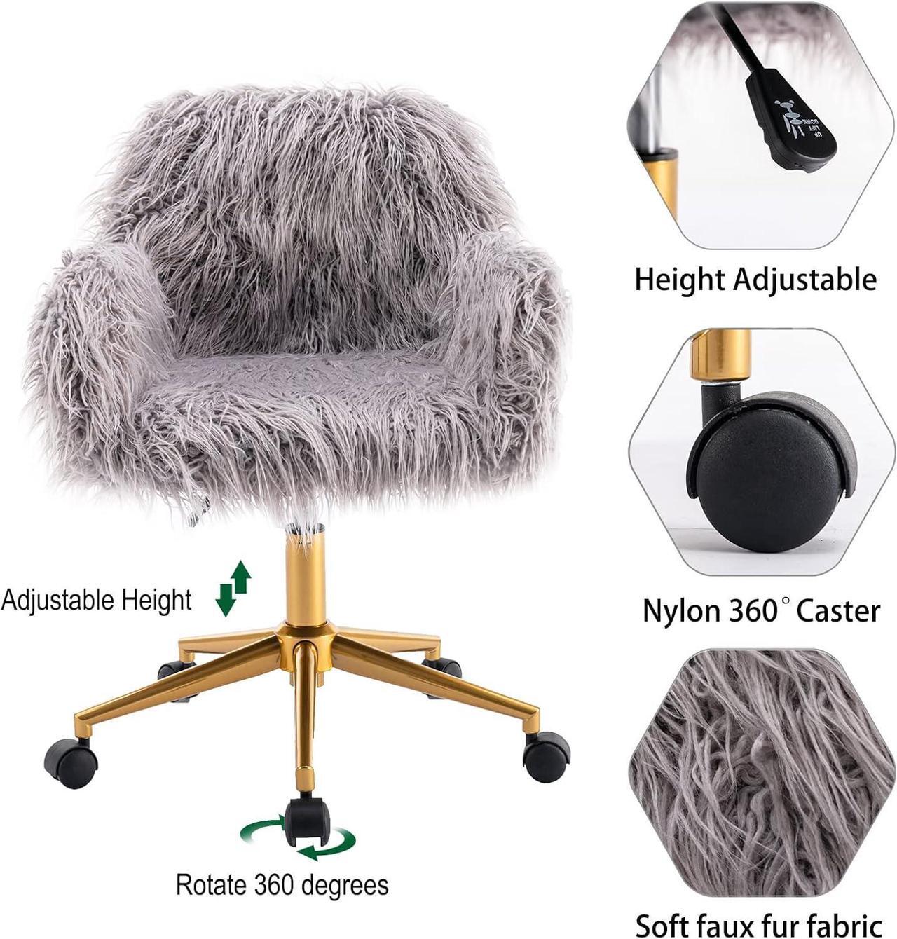 Alt view image 4 of 7 - Grey Faux Fur Desk Chair, Cute Upholstered Padded Seat, Vanity Accent Modern Height Adjustable Swivel Office Chair for Living Room Makeup Home Office Bedroom (Grey)