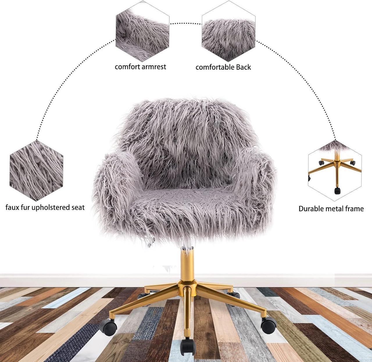 Alt view image 5 of 7 - Grey Faux Fur Desk Chair, Cute Upholstered Padded Seat, Vanity Accent Modern Height Adjustable Swivel Office Chair for Living Room Makeup Home Office Bedroom (Grey)